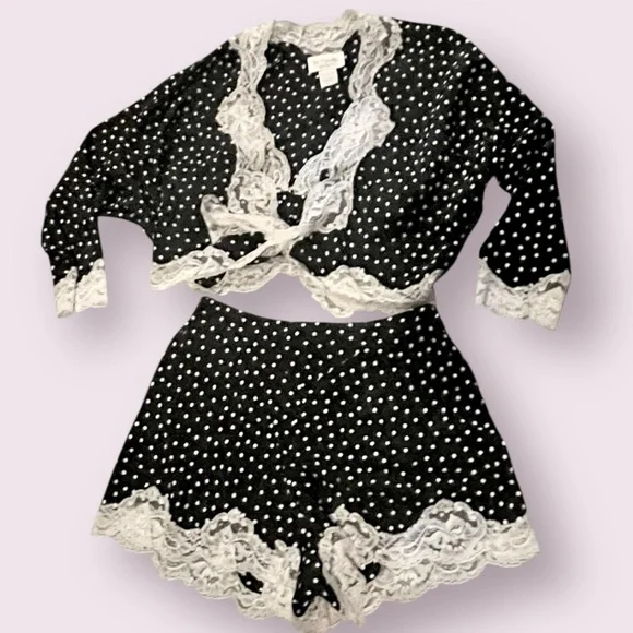 Vintage Victoria’s Secret 1980s Polka Dot Lace 3-Piece Set Robe Shorts Bra Small - Picture 4 of 16